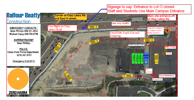 Map of the routes the construction vehicles will take as they enter parking Lot O on the Southwestern College Chula Vista Campus. The Otay Lakes entrance into the parking lot will be temporarily close