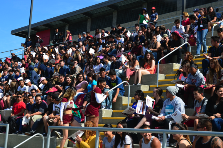 Students representing every Sweetwater District school partake in the morning pep rally in DeVore Stadium at Southwestern College’s Preview Day.
