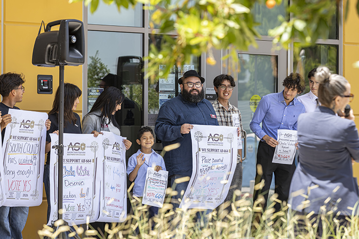 Southwestern College Associated Student Organization (ASO) student leaders, holding signage at the AB 664 Press Conference in front of the SWC University Center.