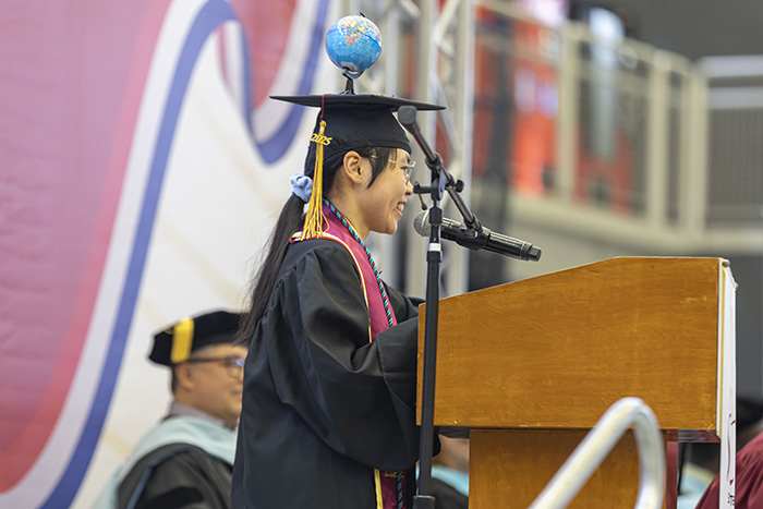 Former Associated Student Organization (ASO) President, Alicia Gan, speaking to the class of 2025 at the Binational Commencement in Tijuana, Mexico. Former Associated Student Organization (ASO) President, Alicia Gan, speaking to the class of 2025 at the Binational Commencement in Tijuana, Mexico.