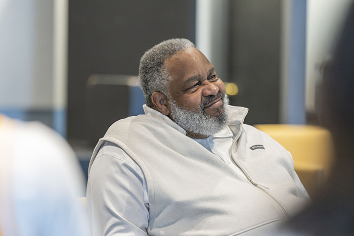 Photo of Anthony Ray Hinton in the Southwestern College Performing Arts Center, speaking to Southwestern College Umoja students.