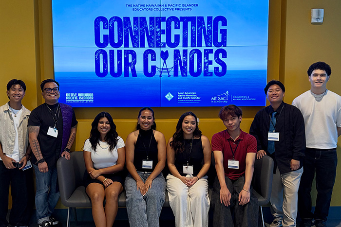 Southwestern College attending the "Connecting Our Canoes" conference, by the Native Hawaiian & Pacific Islander Educators Collective. Shown Kody Ignacio, Professor Joseph Allen Ruanto-Ramirez, Ella Concepcion, Ale’a Tufaga, Emily-Joy LeonGuerrero, Adrian Moster, Ko Inouye, and Luke M. Schwenke (left to right).