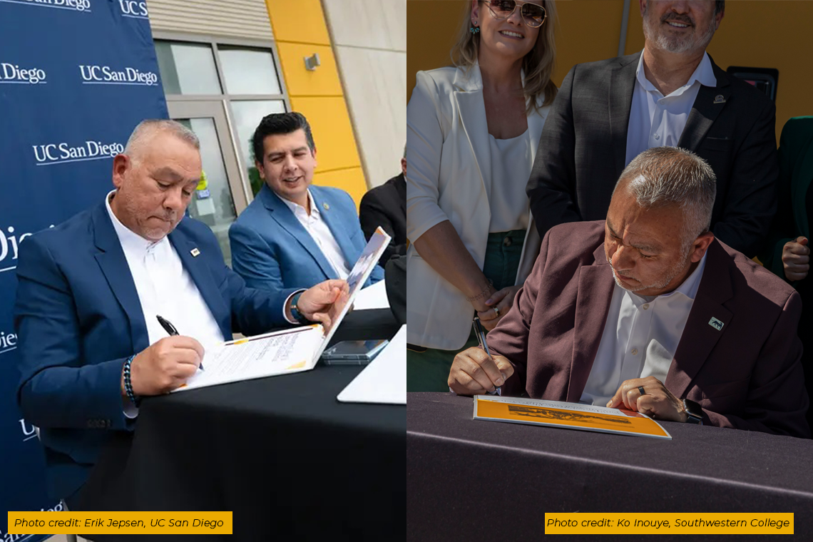 Southwestern College Superintendent/President, Dr. Mark Sanchez signing agreements with San Diego State University (right) and the University of California San Diego (left).