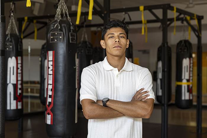 Southwestern College student and U.S. Men's National Kickboxing athlete, Nick Aguilar posed in the Jaguar Aquatics, Wellness, & Sports (JAWS).