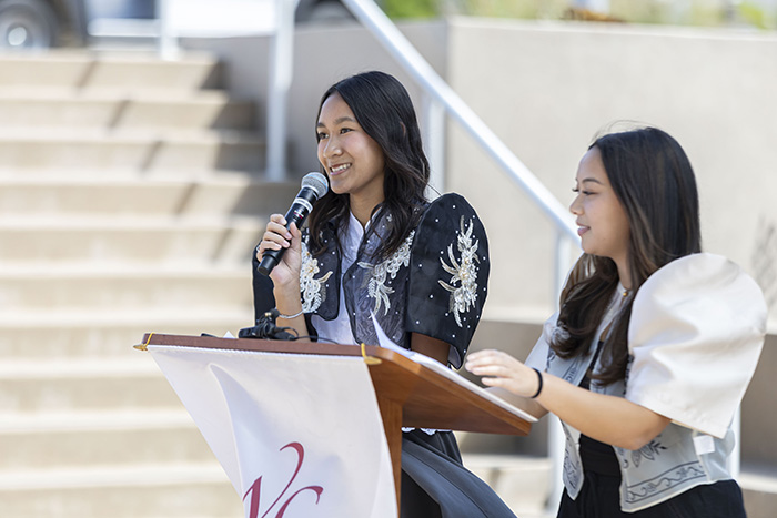 SWC Bayan student, Yunica Maire Villasis speaking at the 2025 Filipino American History Month Flag Raising.