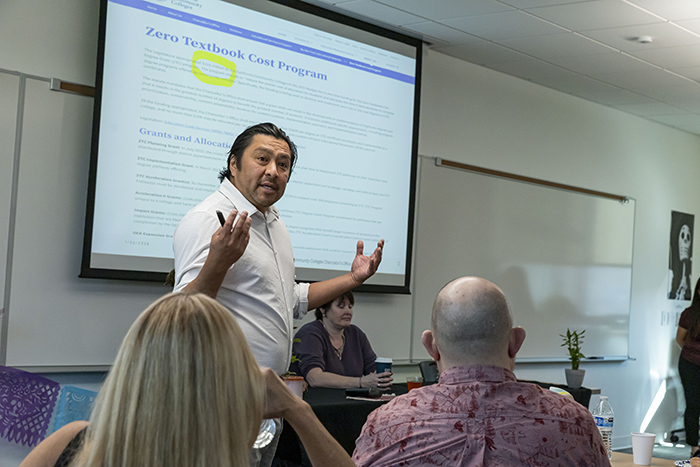 Southwestern College Professor of Psychology, Chris Hayashi, presenting on the Zero Textbook Cost Program at Opening Day.