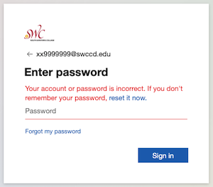 Image of Bad Password Error Message Image of Bad Password Error Message