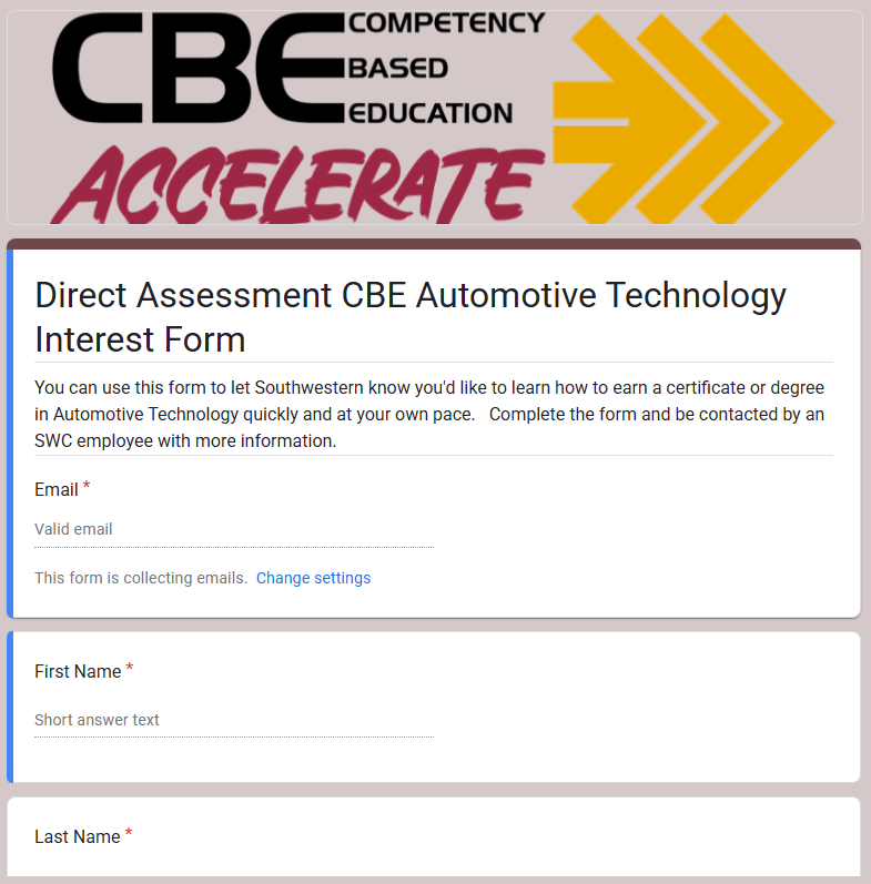 screen capture of CBE Interest form