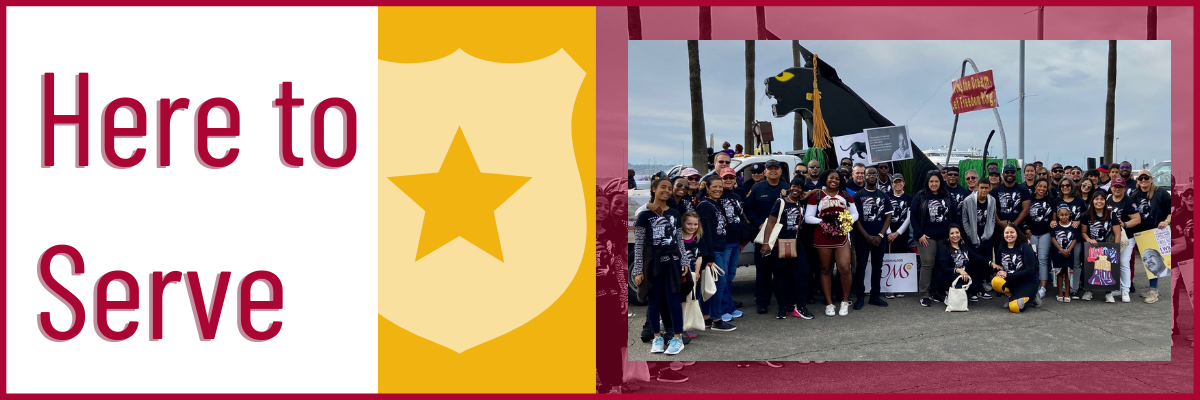 Page banner featuring officers at a community event and the text "Here to Serve"