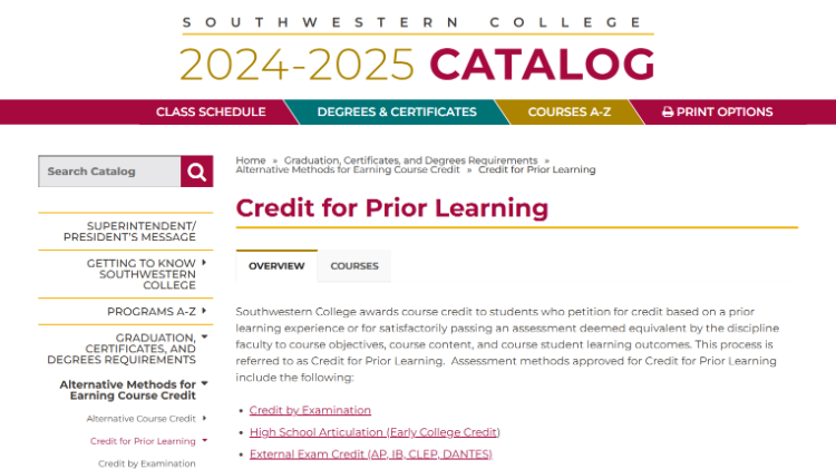 Image of the page from the Southwestern College catalog wth information on credit for prior learning 