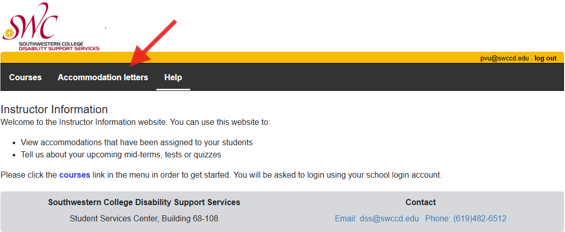 Instructor's main page in the DSS Service Portal. A red arrow is pointing to the "Accommodation Letters" link