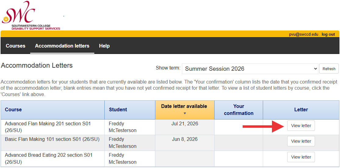 Sample list of students that have submitted requests for accommodations in the DSS Service Portal. There is a red arrow pointing to the View Letter button for a single student