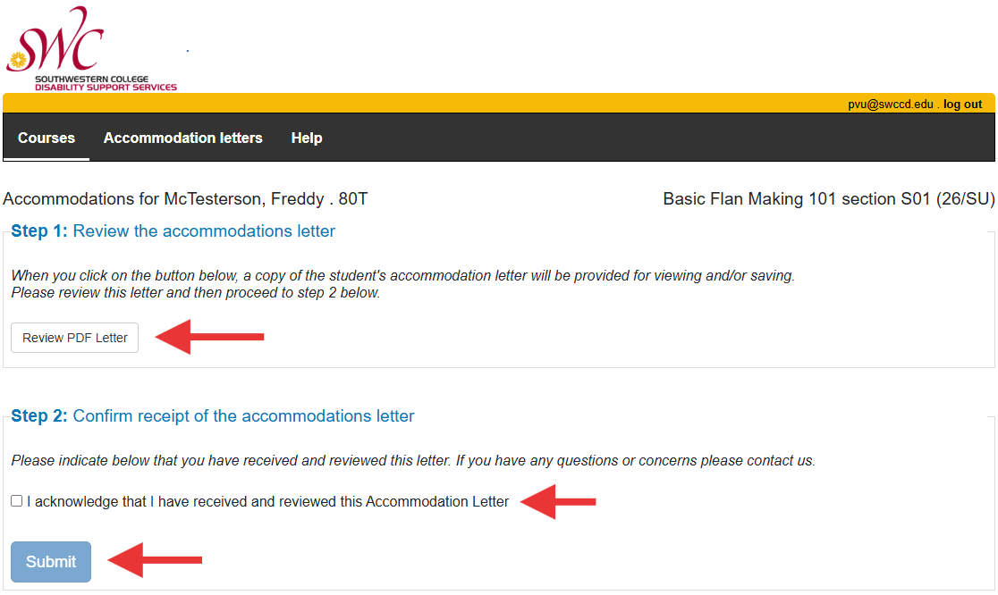 Review accommodation letter page in an instructors view of the DSS Service Portal. There are arrows pointing to the View Letter in PDF button, the I acknowledge button, and the submit button.