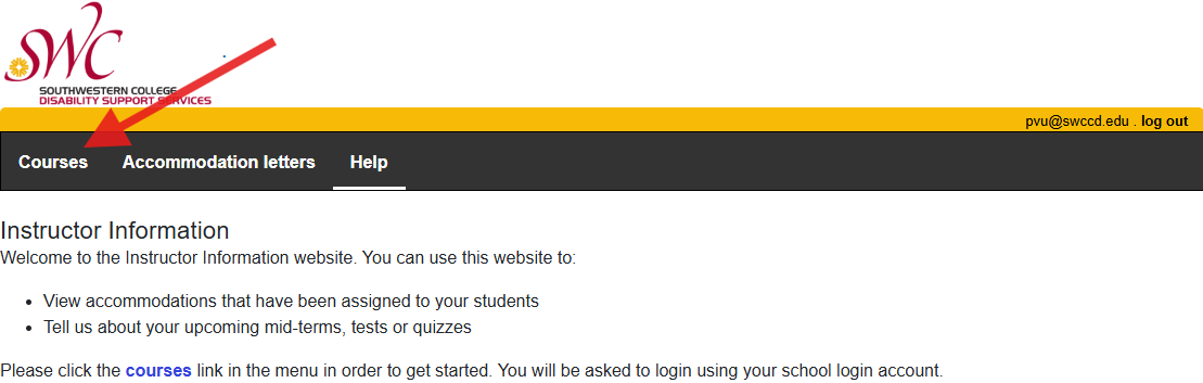 Main page of the DSS Service Portal for instructors. A red arrow is pointing to the Courses link.