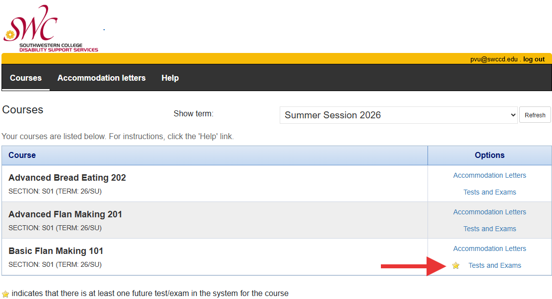 Instructors view of their classes listed in the DSS Service Portal. There is a red arrow pointing to the Tests and Exams link for a specific class.