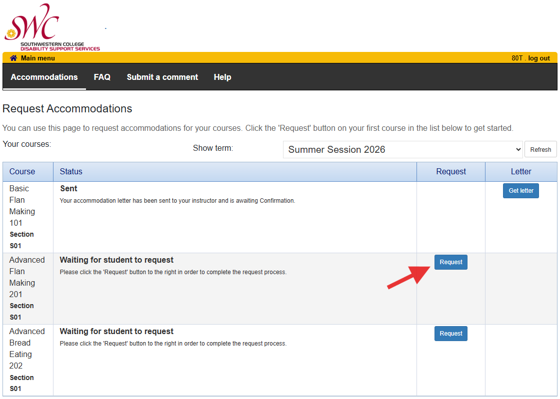 List of a sample student's classes in the DSS Service Portal. There is a red arrow pointing to the Request button for one of the classes..