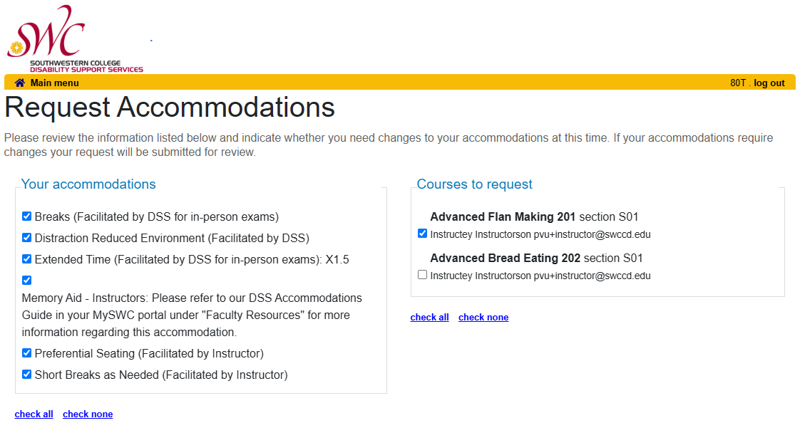 List of a sample student's approved accommodations in the DSS Service Portal.