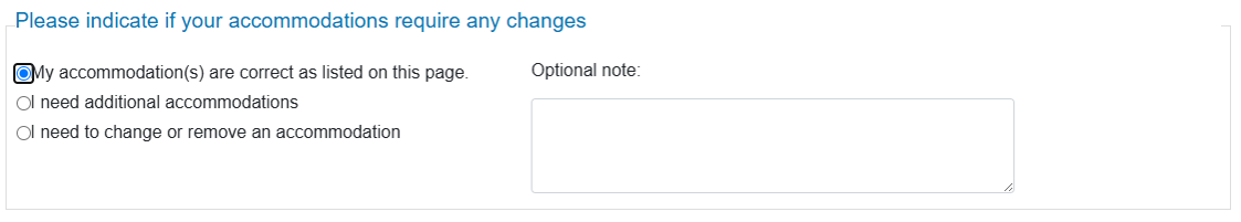 Options in the DSS Service Portal for accommodations. "My accommodations are correct as listed on this page" is selected