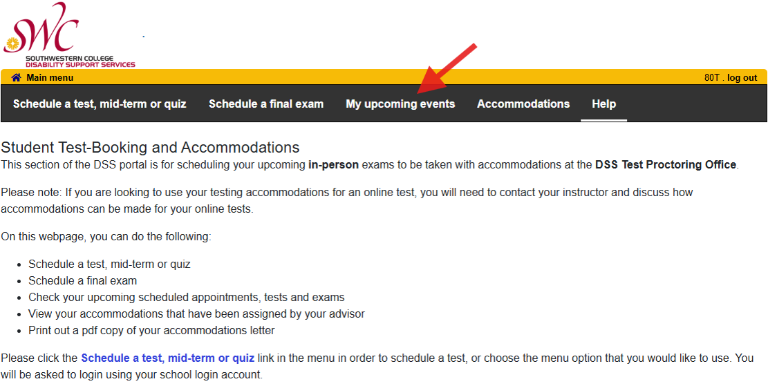 DSS Service Portal in the Schedule Test page. There is a red arrow pointing to the "My Upcoming Events" link in the menu bar at the top of the page.