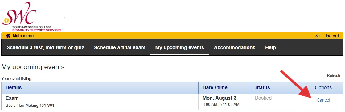 DSS Service Portal - My Upcoming Events sample page with a red arrow pointing to the cancel option for a test.