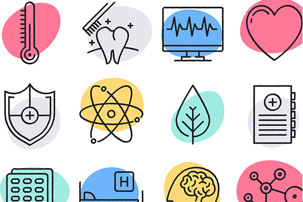 Symbols related to health like tooth, hearth, temperature