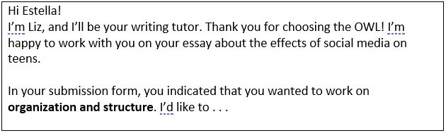 OWL Tutor Liz's email to student Estella
