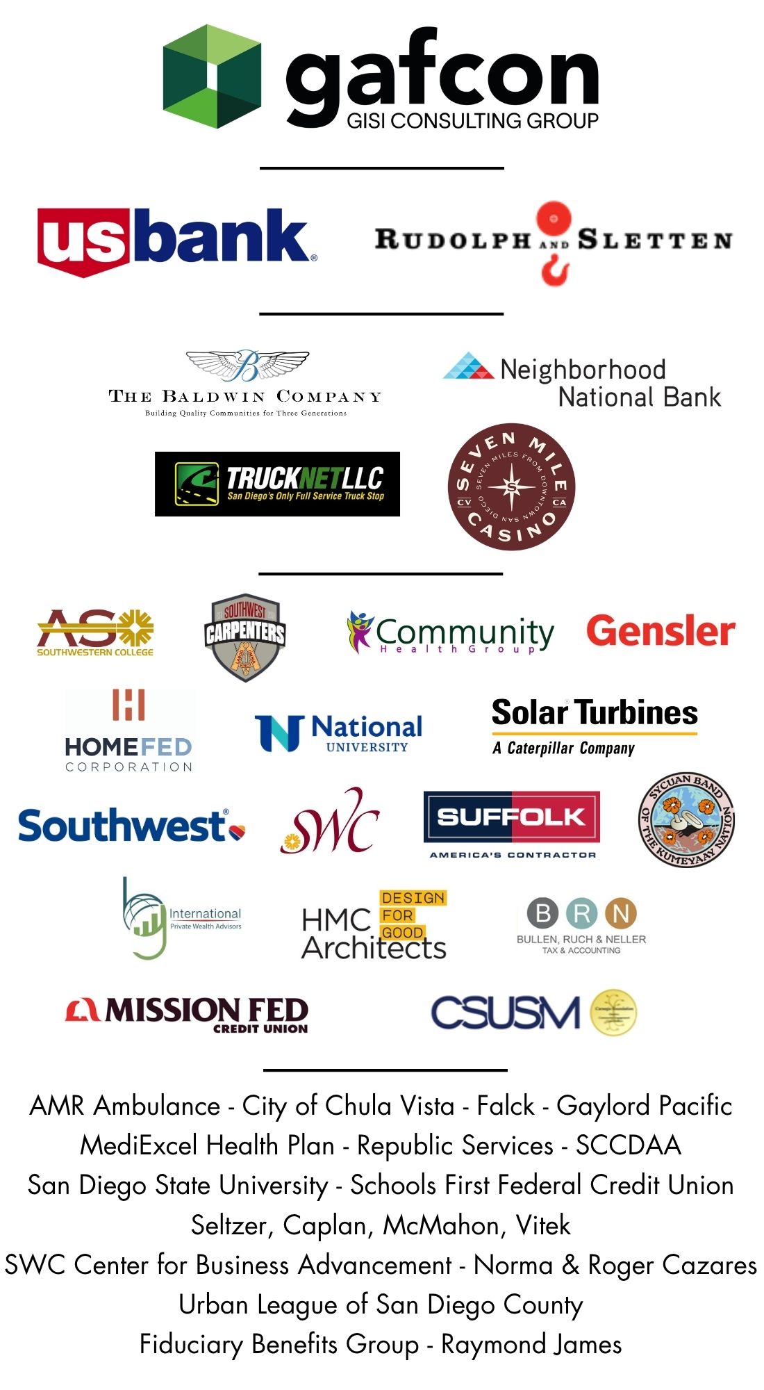 Sponsor logos for Gafcon, US Bank, Rudolph and Sletten, Neighborhood National Bank, TruckNet LLC, Seven Mile Casino, The Baldwin Company, Southwestern College ASO, Community Health Group, Gensler, HomeFed Corporation, National University, Solar Turbines, Southwest Airlines, Southwestern College, Suffolk, Sycuan, International Private Wealth Advisors, Mission Fed Credit Union, HMC Architects, Bullen, Ruch & Neller,CSU San Marcos, AMR Ambulance, City of Chula Vista, Falck, Gaylord Pacific, MediExcel Health Plan, Republic Services, SCCDAA, San Diego State University, Schools First Federal Credit Union, Seltzer, Caplan, McMahon, Vitek, SWC Center for Business Advancement, Norma & Roger Cazares, Urban League of San Diego County, Fiduciary Benefits Group, Raymond James