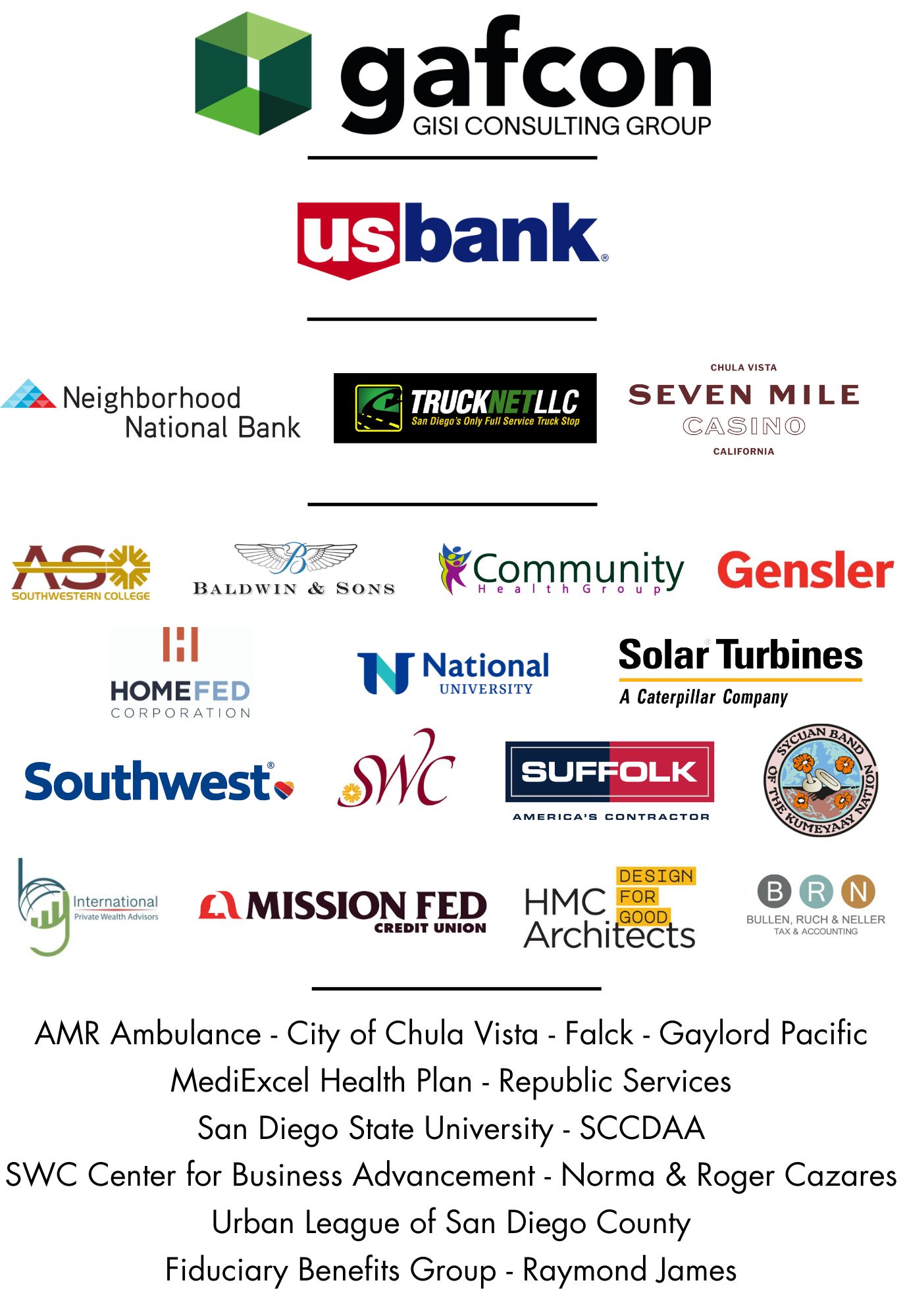 Sponsor logos for Gafcon, US Bank, Neighborhood National Bank, TruckNet LLC, Seven Mile Casino, Southwestern College ASO, Baldwin & Sons, Community Health Group, Gensler, HomeFed Corporation, National University, Solar Turbines, Southwest Airlines, Southwestern College, Suffolk, Sycuan, International Private Wealth Advisors, Mission Fed Credit Union, HMC Architects, Bullen, Ruch & Neller, AMR Ambulance, City of Chula Vista, Falck, Gaylord Pacific, MediExcel Health Plan, Republic Services, San Diego State University, SCCDAA, SWC Center for Business Advancement, Norma & Roger Cazares, Urban League of San Diego County, Fiduciary Benefits Group, Raymond James