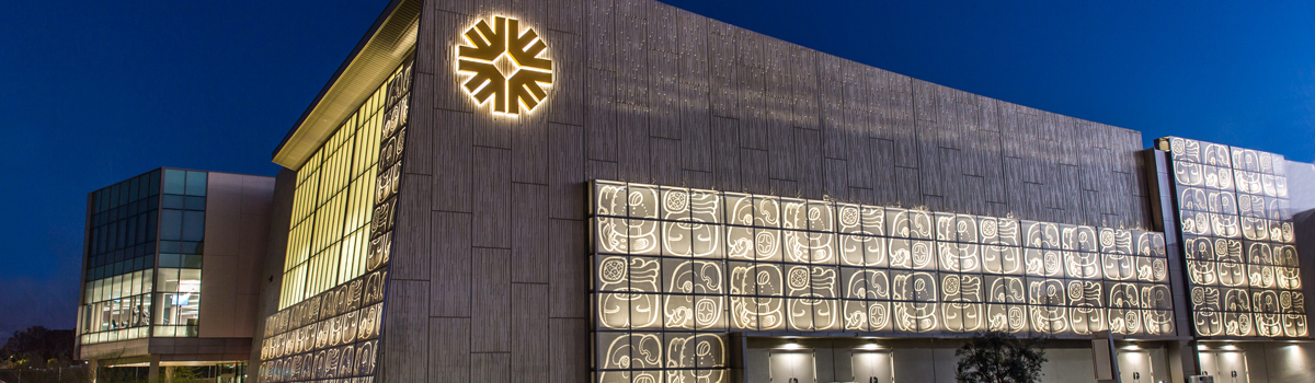 A photo of the Wellness & Aquatics Complex at night with the buildings glyphs lit up.
